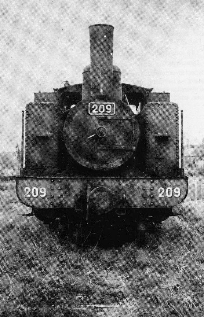 Front view of locomotive No. 209, showing marking details
