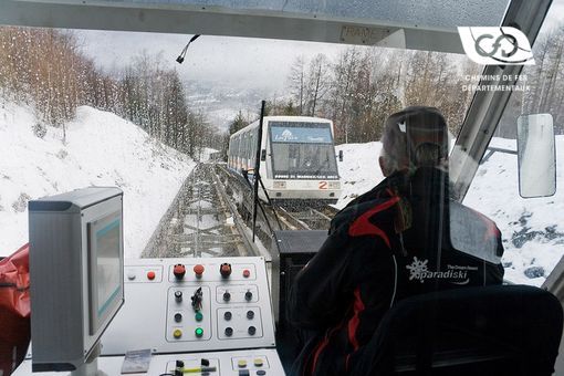 Funicular siding, vehicles in Rainbow livery