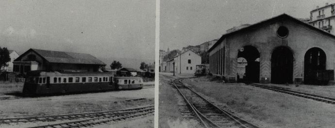 General view of the P.V. installations in Ajaccio. Railcar train leaving the station for Bastia. General view of the installations of the traction and the offices of the exploitation in Ajaccio (Photo B. ROZE)