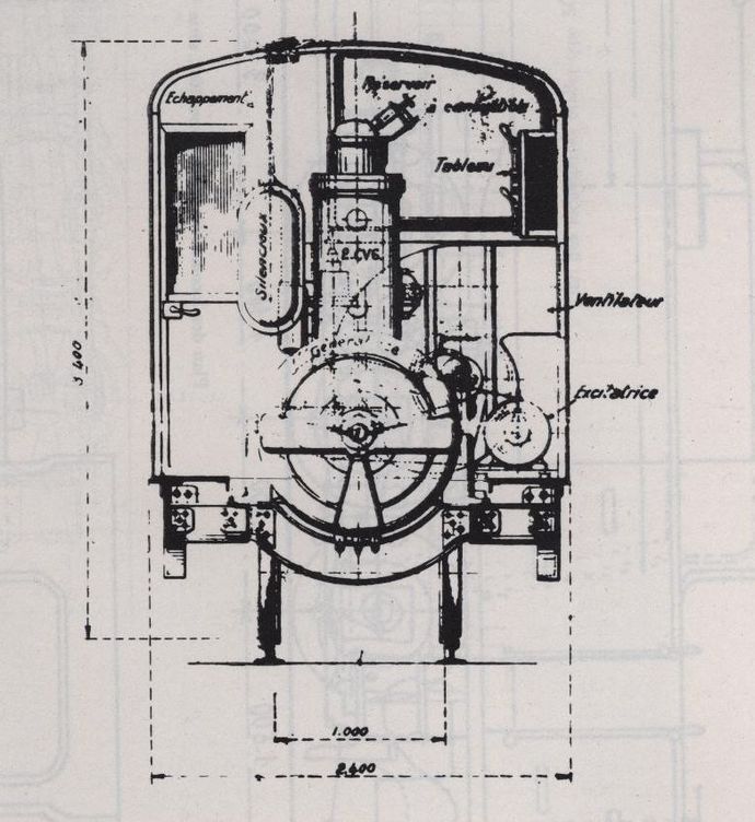 Plan of the TH 1 tractor, end view. (Scale 1/43,5°) Plan of the TH 1 tractor, end view. (Scale 1/43,5°)