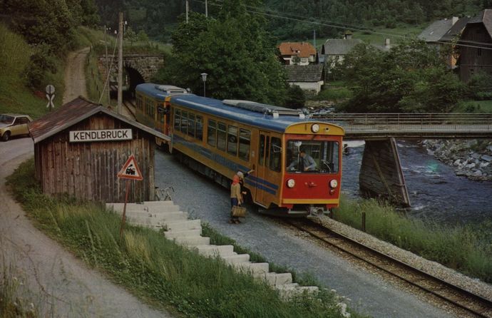 two of the Murtalbahn's railcars in Kendlbruck. June 1981. (Photo Ph. Mirville, Rail Magazine).